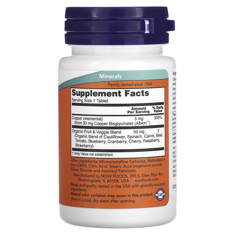 NOW Foods, Copper Glycinate, 3 mg, 120 Tablets 733739014337