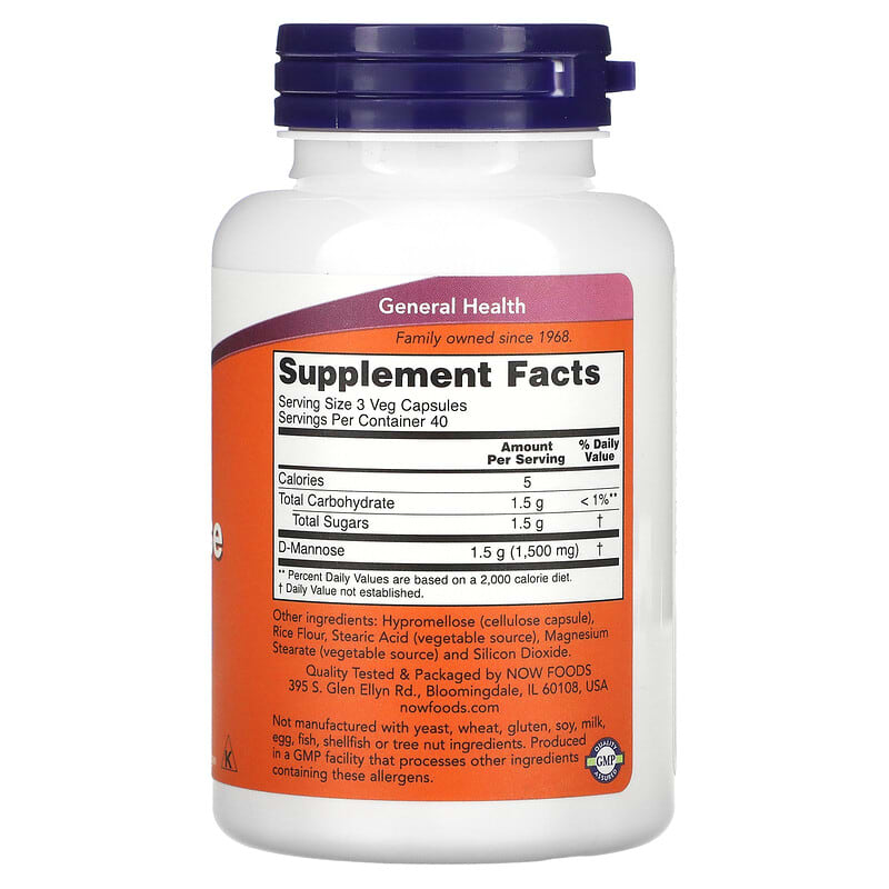 NOW Foods, D-Mannose, 500 mg, 120 Veg Capsules 733739028112