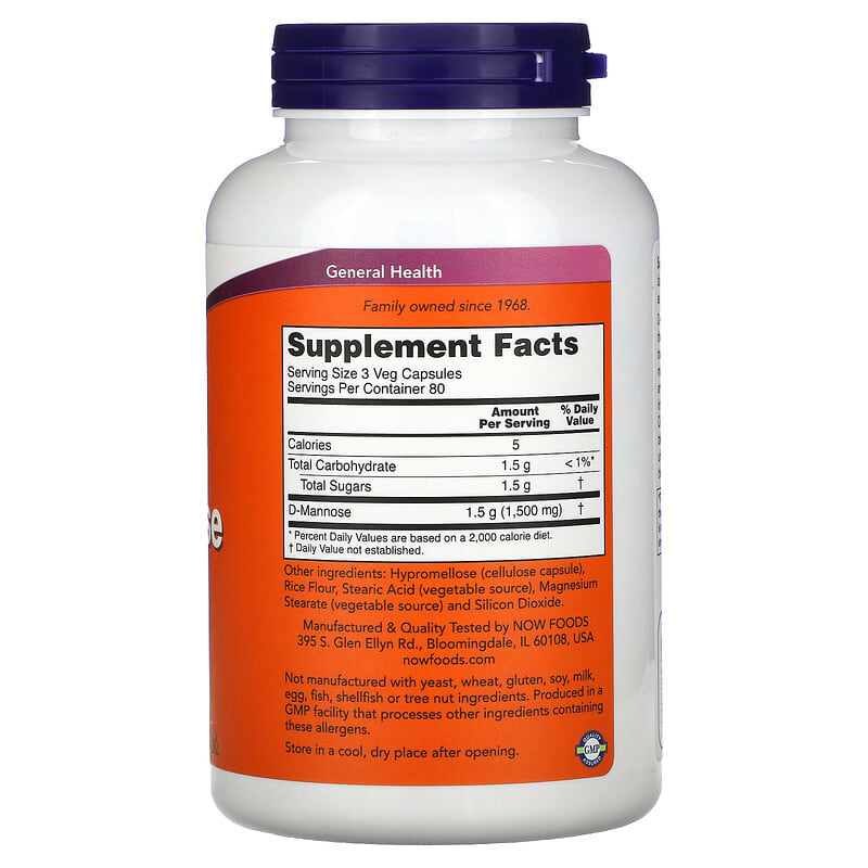 NOW Foods, D-Mannose, 500 mg, 240 Veg Capsules 733739028167