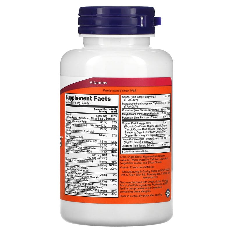NOW Foods, Daily Vits, Multi Vitamin & Mineral, 120 Veg Capsules 733739037763