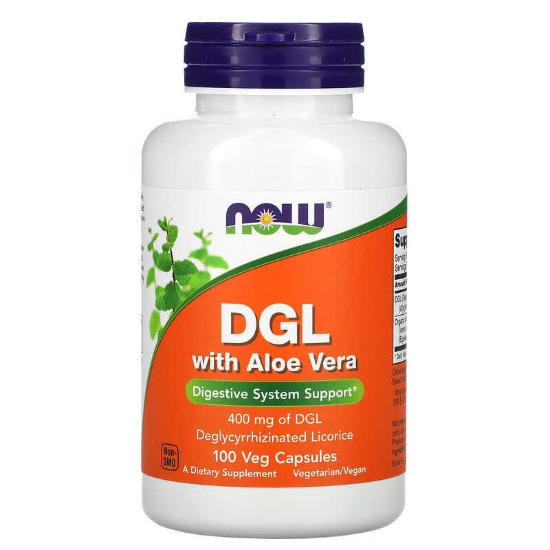 NOW Foods DGL with Aloe Vera 400 mg 100 Veg Capsules 733739046543