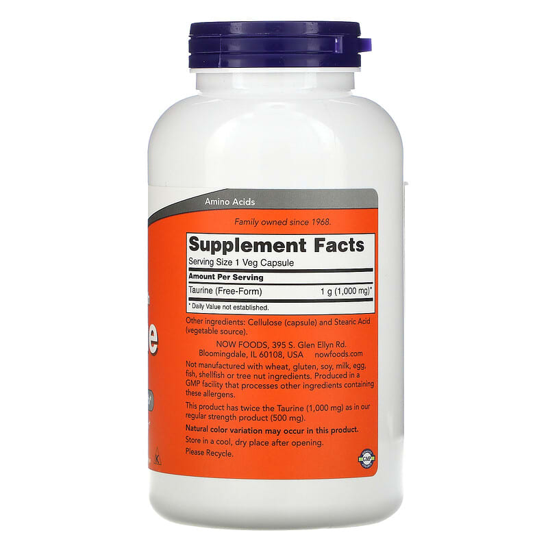 NOW Foods, Double Strength Taurine, 1,000 mg, 250 Veg Capsules 733739001436
