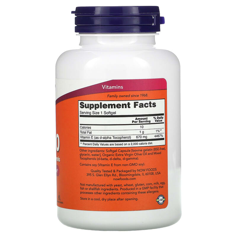NOW Foods, E-1000 with Mixed Tocopherols, 670 mg (1,000 IU), 100 Softgels 733739009029
