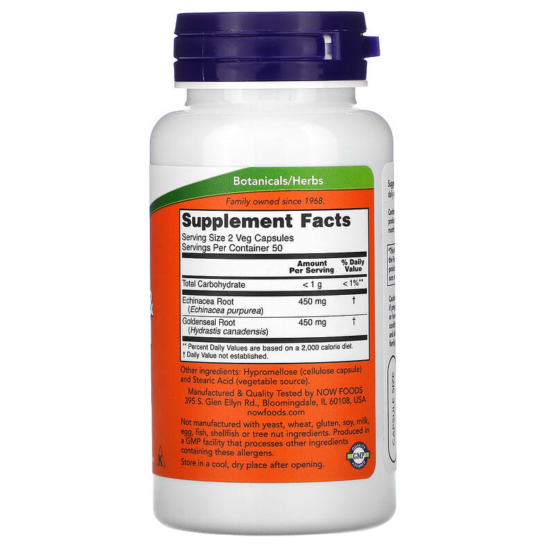 NOW Foods, Echinacea & Goldenseal Root, 100 Veg Capsules 733739046659