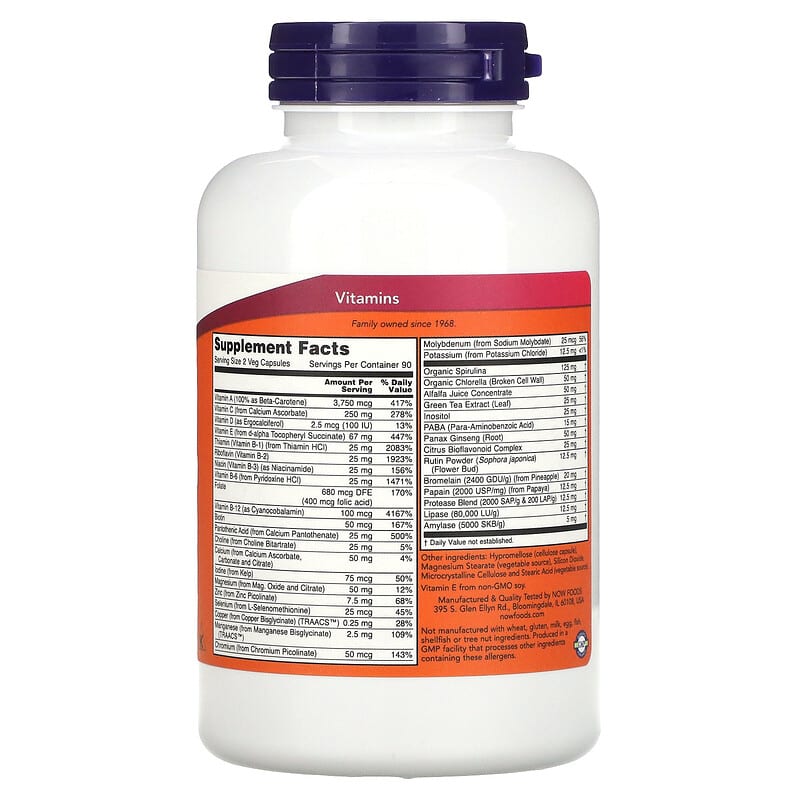 NOW Foods, EcoGreen Multi, Iron-Free, 180 Veg Capsules 733739037886