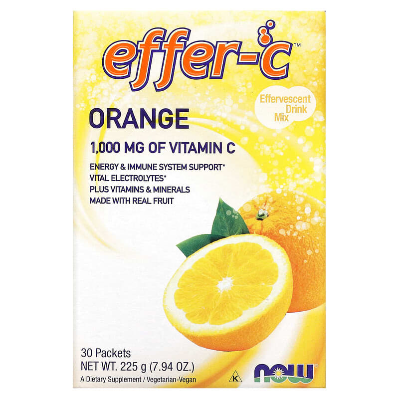NOW Foods Effer-C Effervescent Drink Mix Orange 1,000 mg 30 Packets .26 oz (7.5 g) Each 733739006134