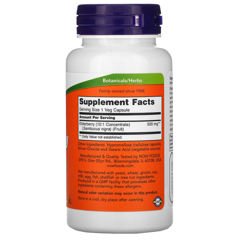 NOW Foods, Elderberry, 500 mg, 60 Veg Capsules 733739046673