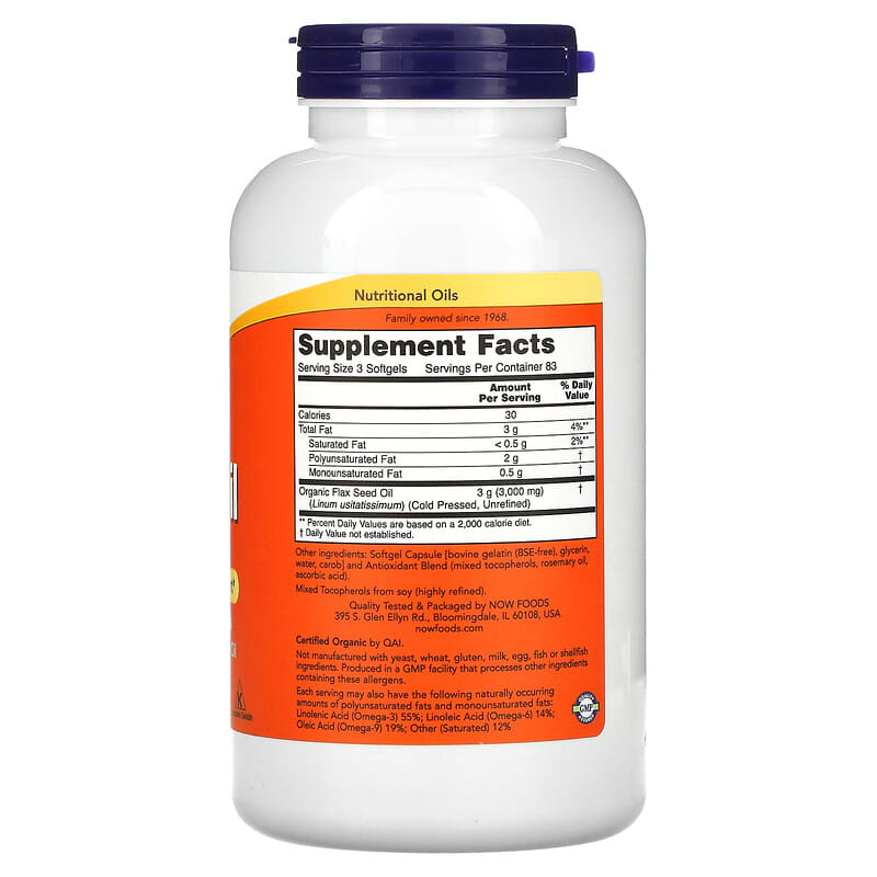 NOW Foods, Flax Oil with Essential Omega-3's, 1,000 mg, 250 Softgels 733739017727