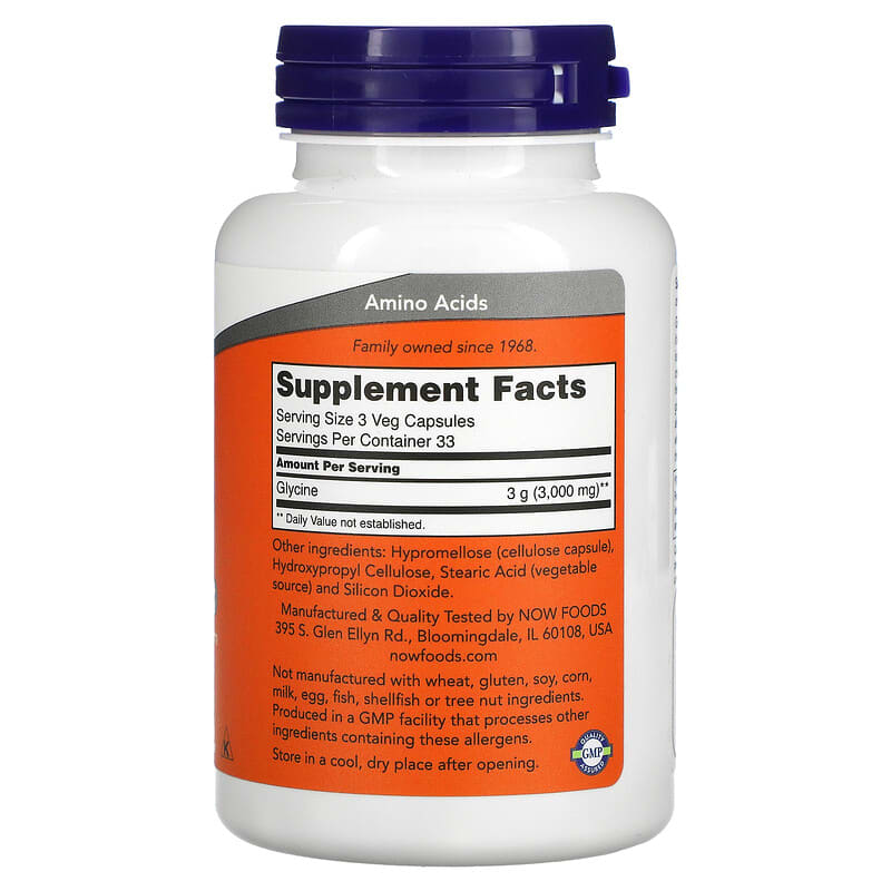 NOW Foods, Glycine, 1,000 mg, 100 Veg Capsules 733739001078