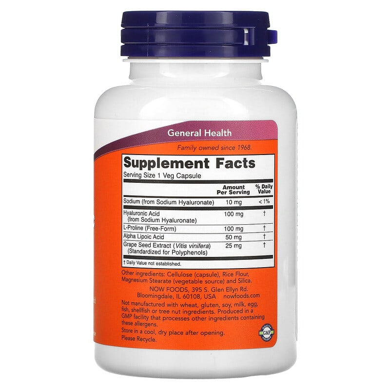 NOW Foods, Hyaluronic Acid, Double Strength, 100 mg, 120 Veg Capsules 733739031518