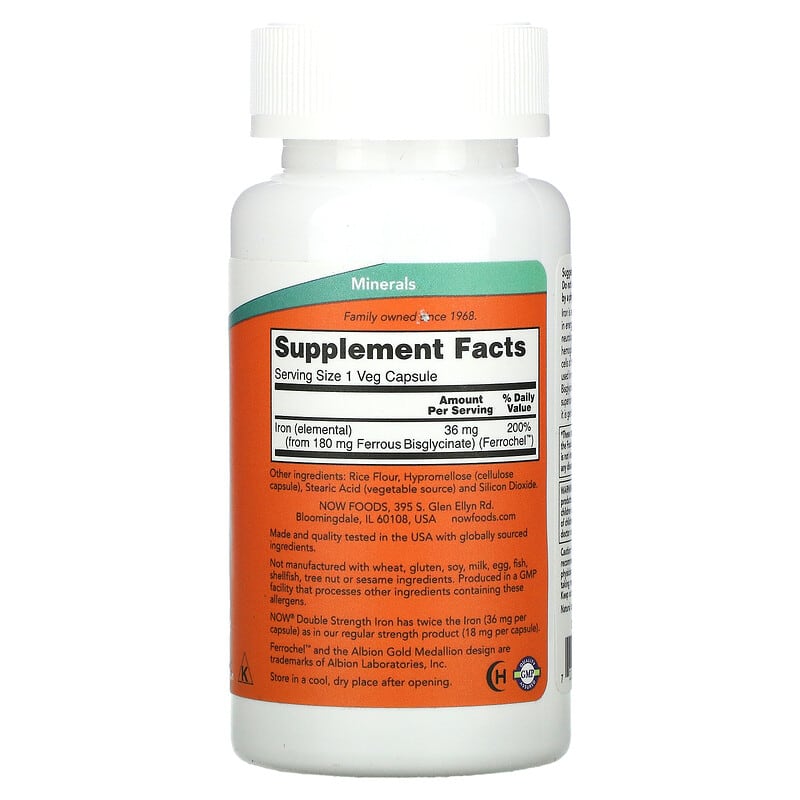 NOW Foods, Iron, Double Strength, 36 mg, 90 Veg Capsules 733739014443