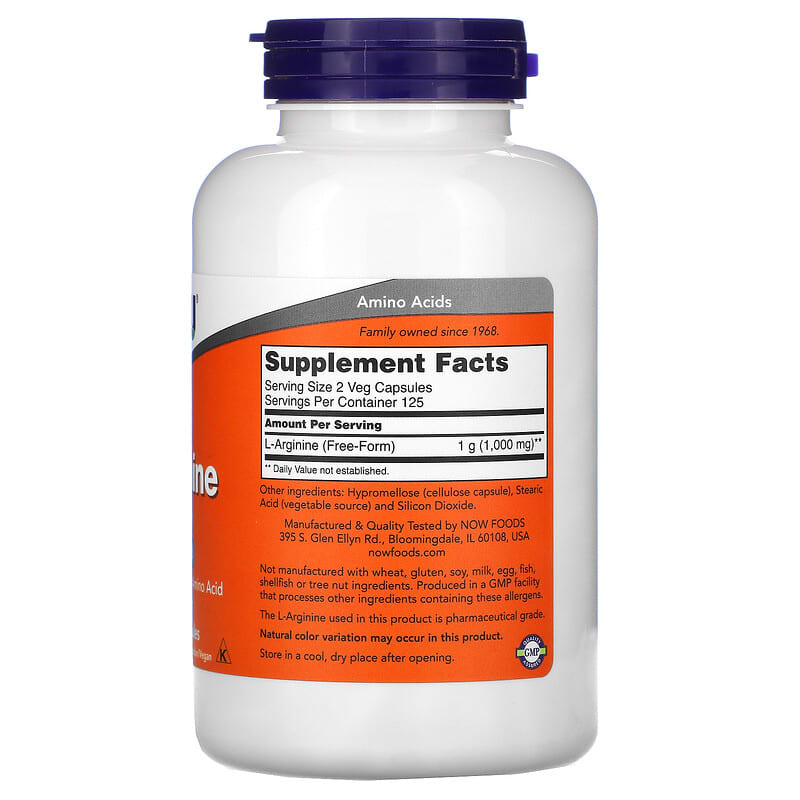 NOW Foods, L-Arginine, 500 mg, 250 Veg Capsules 733739000316