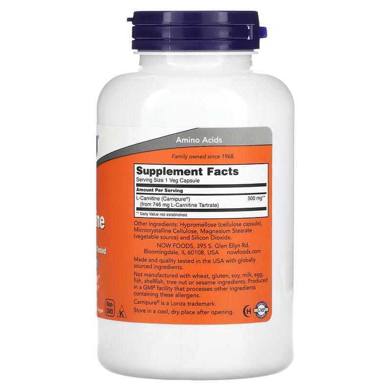 NOW Foods, L-Carnitine, 500 mg, 180 Veg Capsules 733739000736