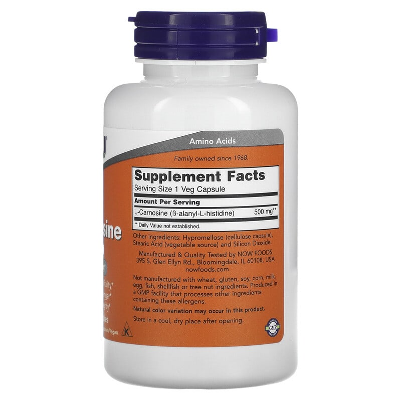 NOW Foods, L-Carnosine, 500 mg, 100 Veg Capsules 733739000798