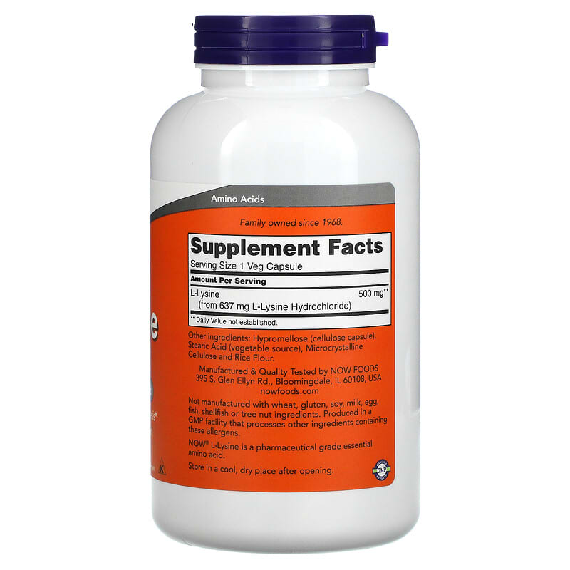 NOW Foods, L-Lysine, 500 mg, 250 Veg Capsules 733739001122