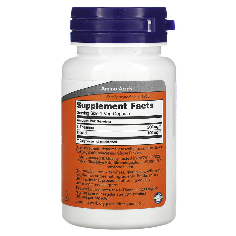 NOW Foods, L-Theanine, Double Strength, 200 mg, 60 Veg Capsules 733739001474