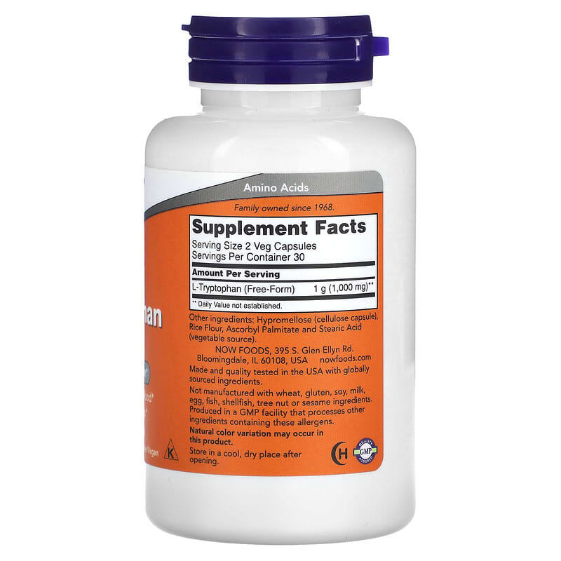 NOW Foods, L-Tryptophan, 500 mg, 60 Veg Capsules 733739001665