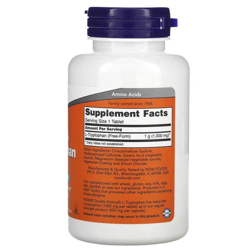 NOW Foods, L-Tryptophan, Double Strength, 1,000 mg, 60 Tablets 733739001696