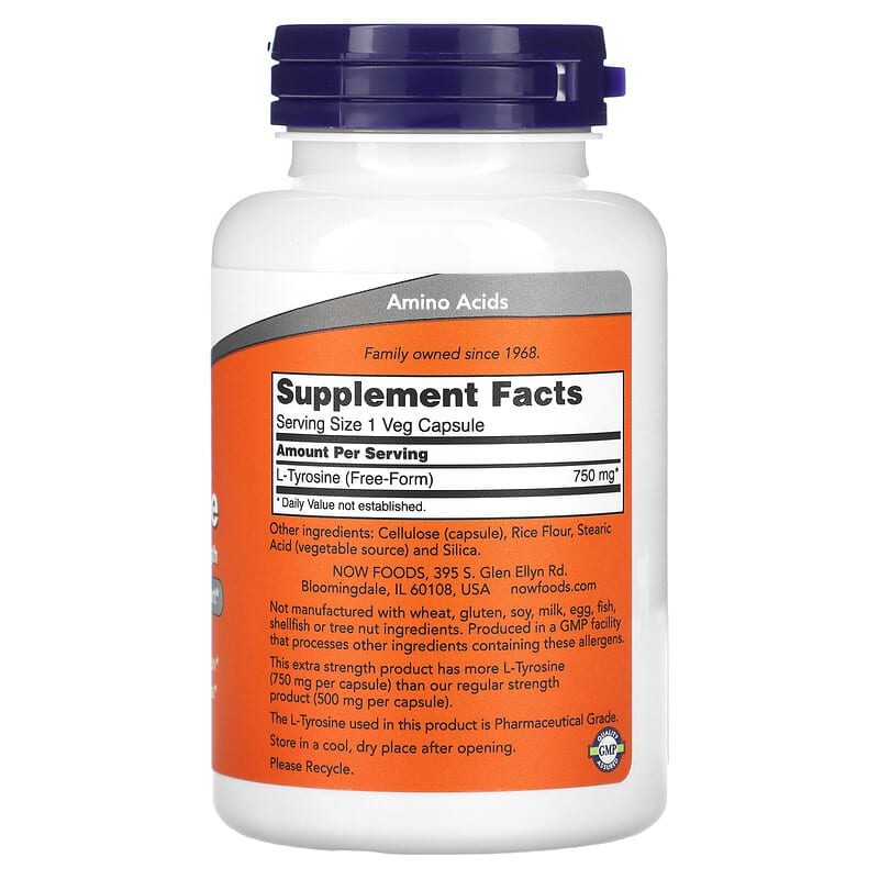 NOW Foods, L-Tyrosine, Extra Strength, 750 mg, 90 Veg Capsules 733739001658