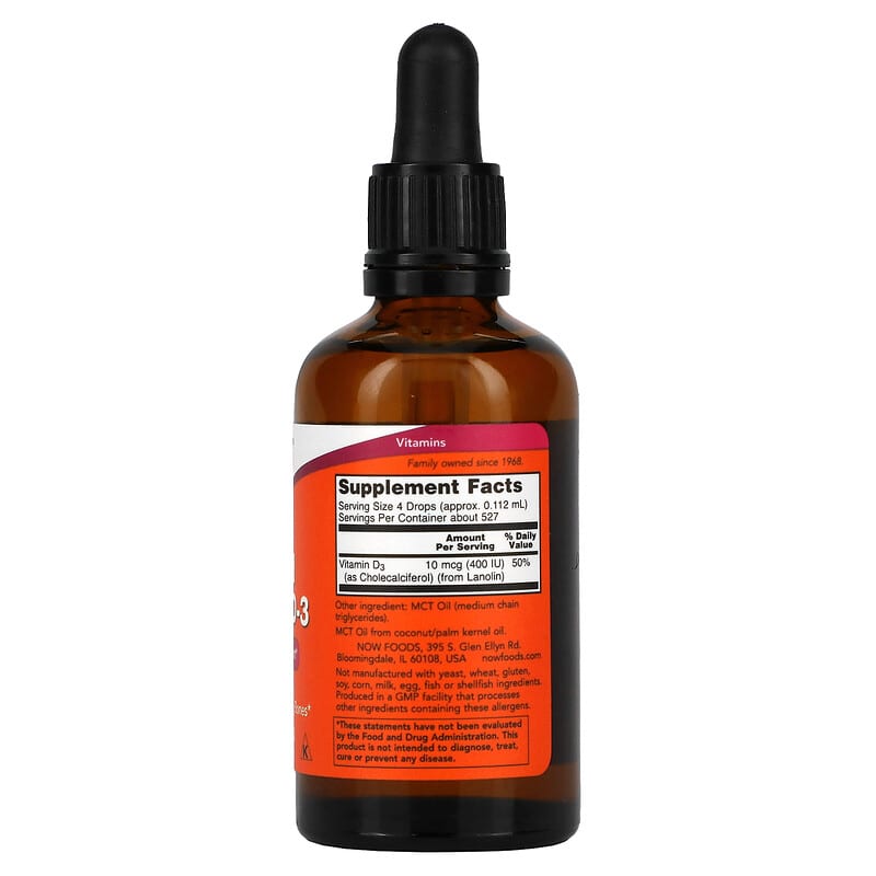 NOW Foods, Liquid Vitamin D-3, 400 IU, 2 fl oz (59 ml) 733739003706