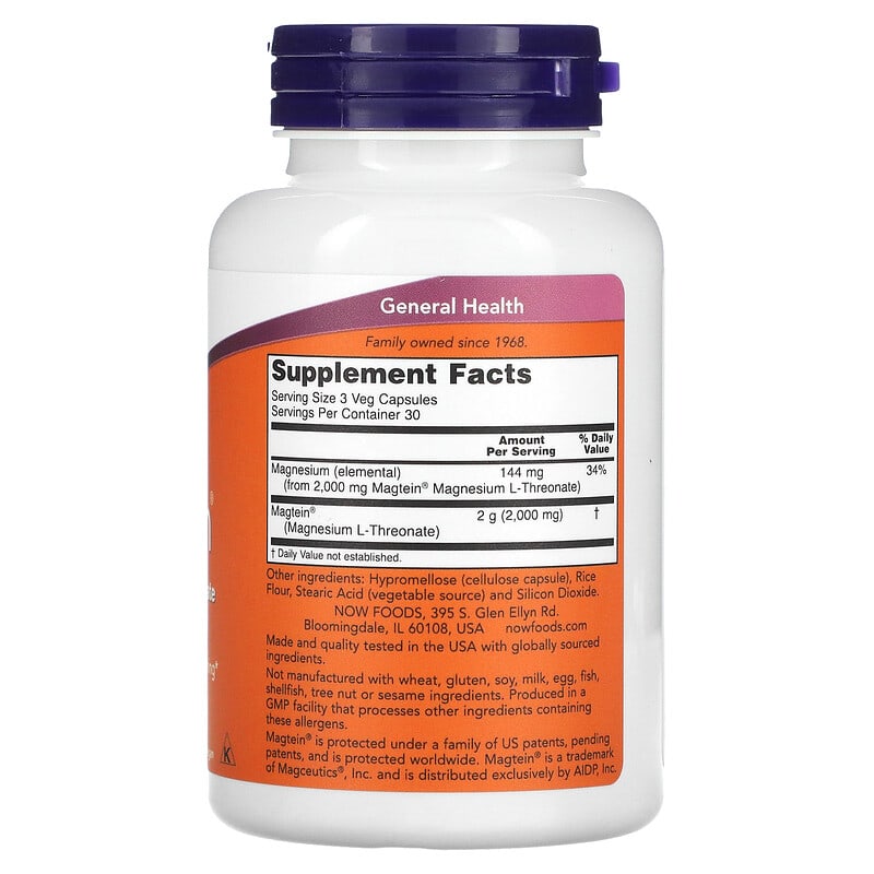 NOW Foods, Magtein, Magnesium L-Threonate, 90 Veg Capsules 733739023902