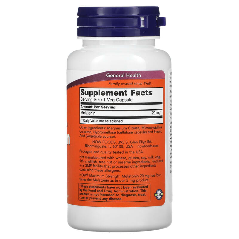 NOW Foods, Maximum Strength Melatonin, 20 mg, 90 Veg Capsules 733739035585