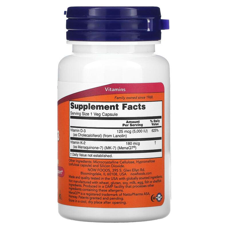 NOW Foods, Mega D-3 & MK-7, 180 mcg (5,000 IU), 60 Veg Capsules 733739003843