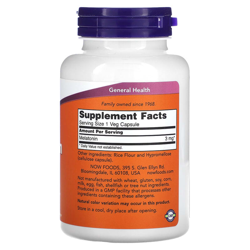 NOW Foods, Melatonin, 3 mg, 180 Veg Capsules 733739032577