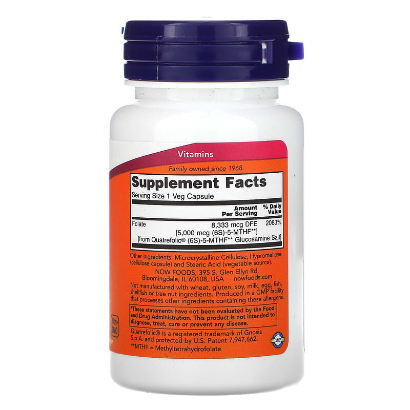 NOW Foods, Methyl Folate, 5,000 mcg, 50 Veg Capsules 733739005021