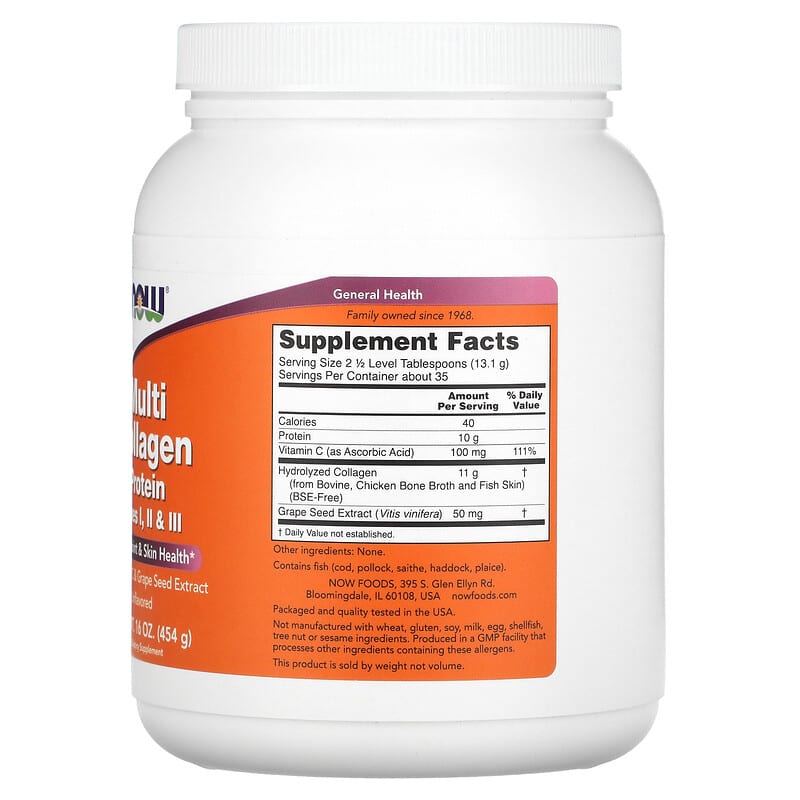 NOW Foods, Multi Collagen Protein, Type I, II & III, Unflavored, 16 oz (454 g) 733739034168