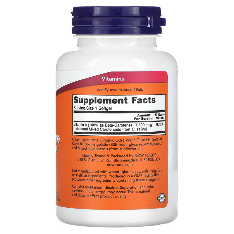 NOW Foods, Natural Beta Carotene, 7,500 mcg (25,000 IU), 180 Softgels 733739003225