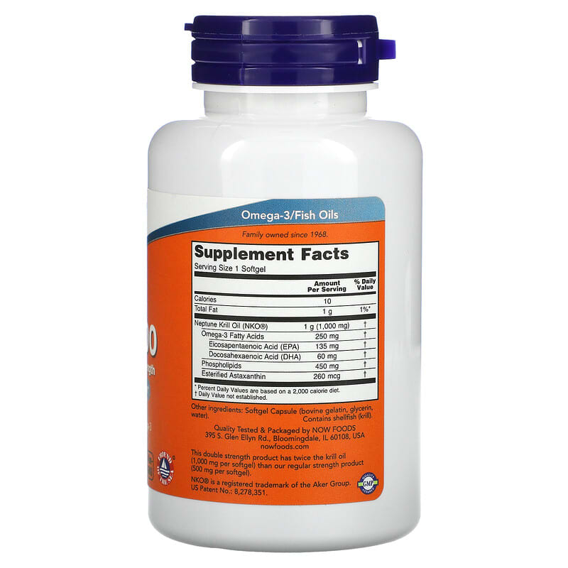 NOW Foods, Neptune Krill 1000, Double Strength, 1,000 mg, 60 Softgels 733739016270