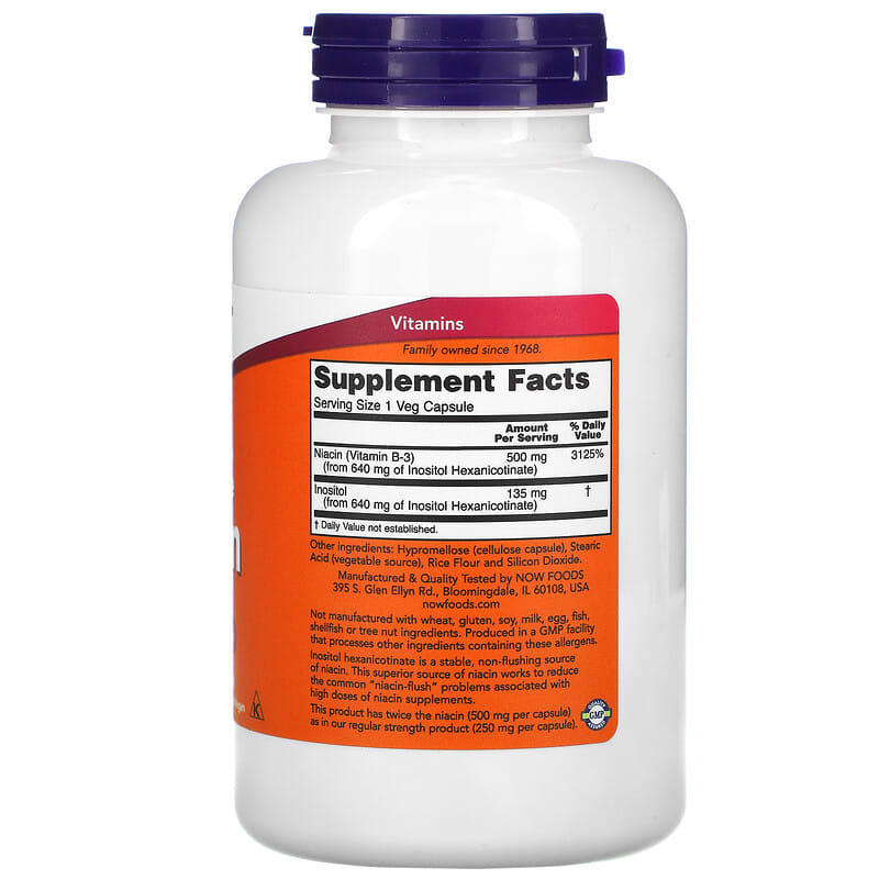 NOW Foods, Niacin, Flush-Free, Double Strength, 500 mg, 180 Veg Capsules 733739005007