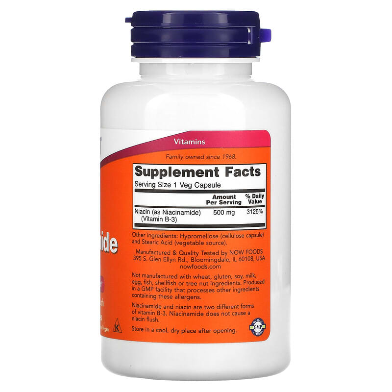NOW Foods, Niacinamide, 500 mg, 100 Veg Capsules 733739004789