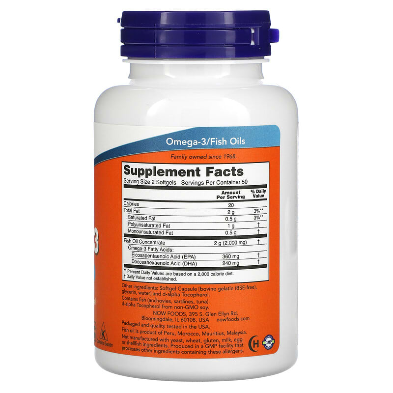 NOW Foods, Omega-3, 180 EPA / 120 DHA, 100 Softgels 733739016508