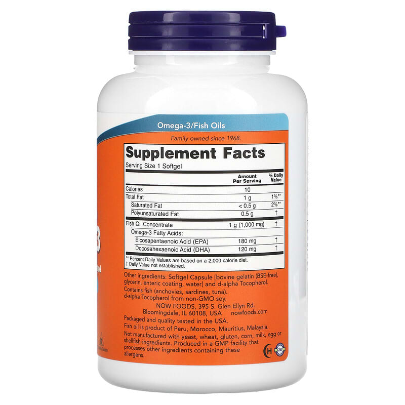 NOW Foods, Omega-3, 180 EPA / 120 DHA, 180 Softgels 733739016577