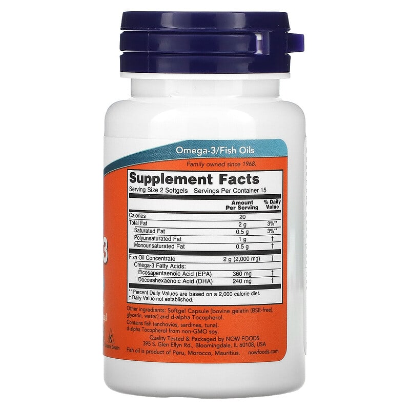 NOW Foods, Omega-3, 180 EPA / 120 DHA, 30 Softgels 733739016492