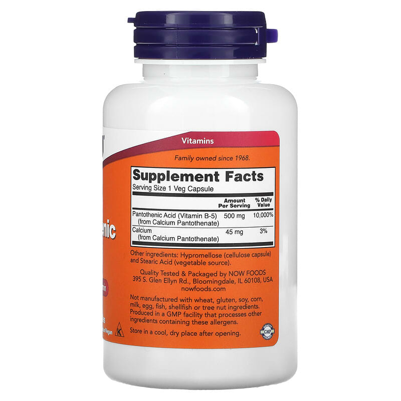 NOW Foods, Pantothenic Acid, 500 mg, 100 Veg Capsules 733739004864