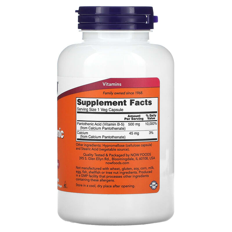 NOW Foods, Pantothenic Acid, 500 mg, 250 Veg Capsules 733739004888