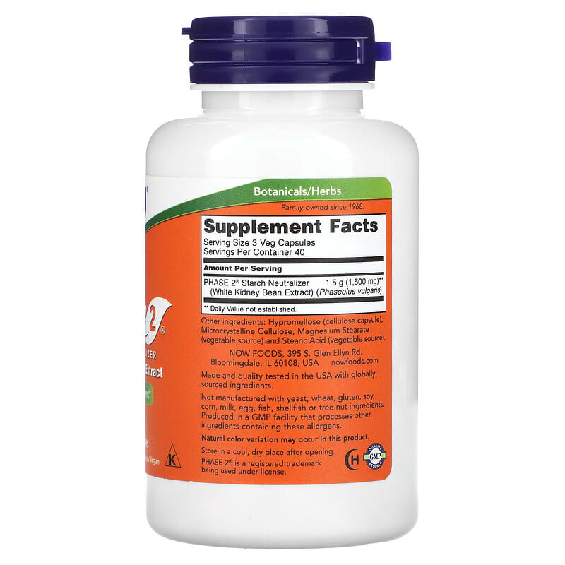 NOW Foods, Phase 2, Starch Neutralizer, 500 mg, 120 Veg Capsules 733739030214