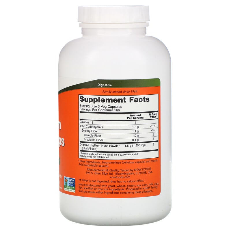 NOW Foods, Psyllium Husk Caps, 500 mg, 500 Veg Capsules 733739059727