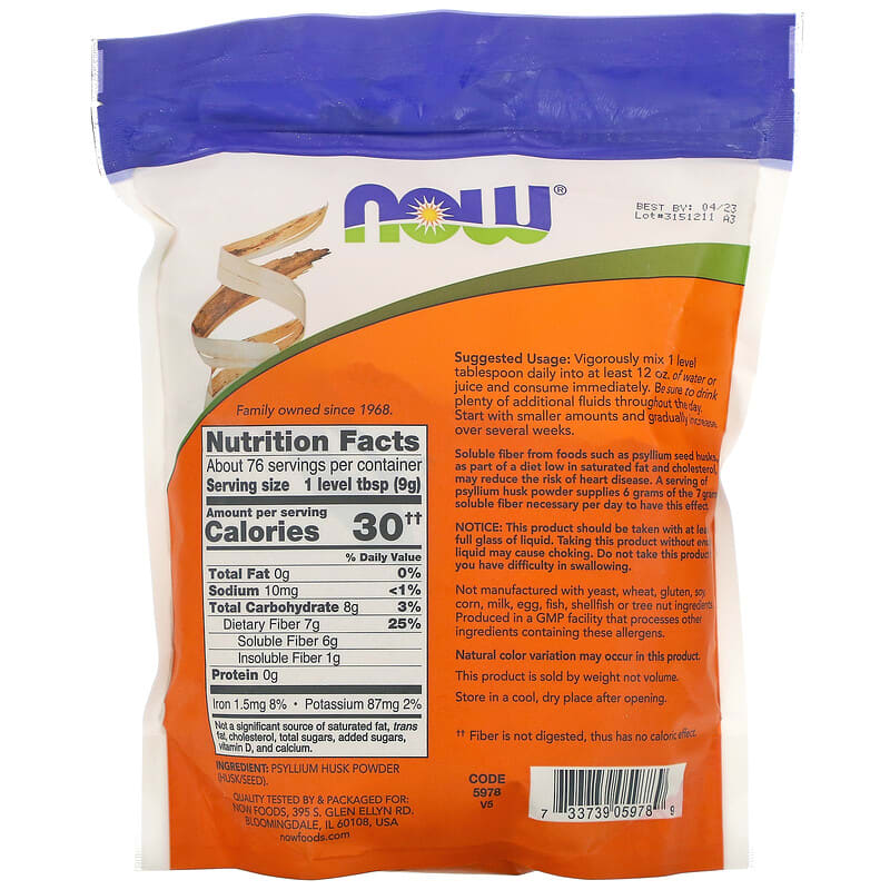 NOW Foods, Psyllium Husk Powder, 1.5 lbs (680 g) 733739059789