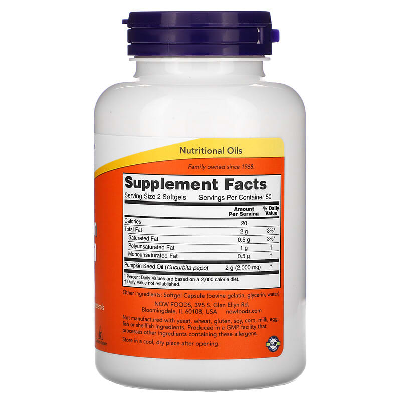 NOW Foods, Pumpkin Seed Oil, 1000 mg, 100 Softgels 733739018403