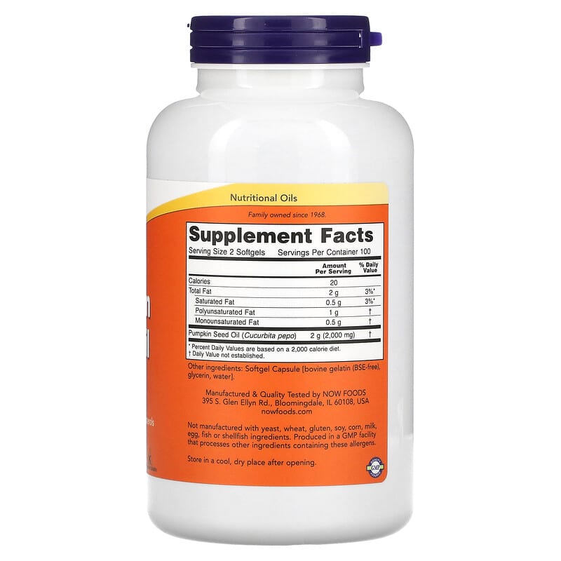 NOW Foods, Pumpkin Seed Oil, 500 mg, 200 Softgels 733739018434