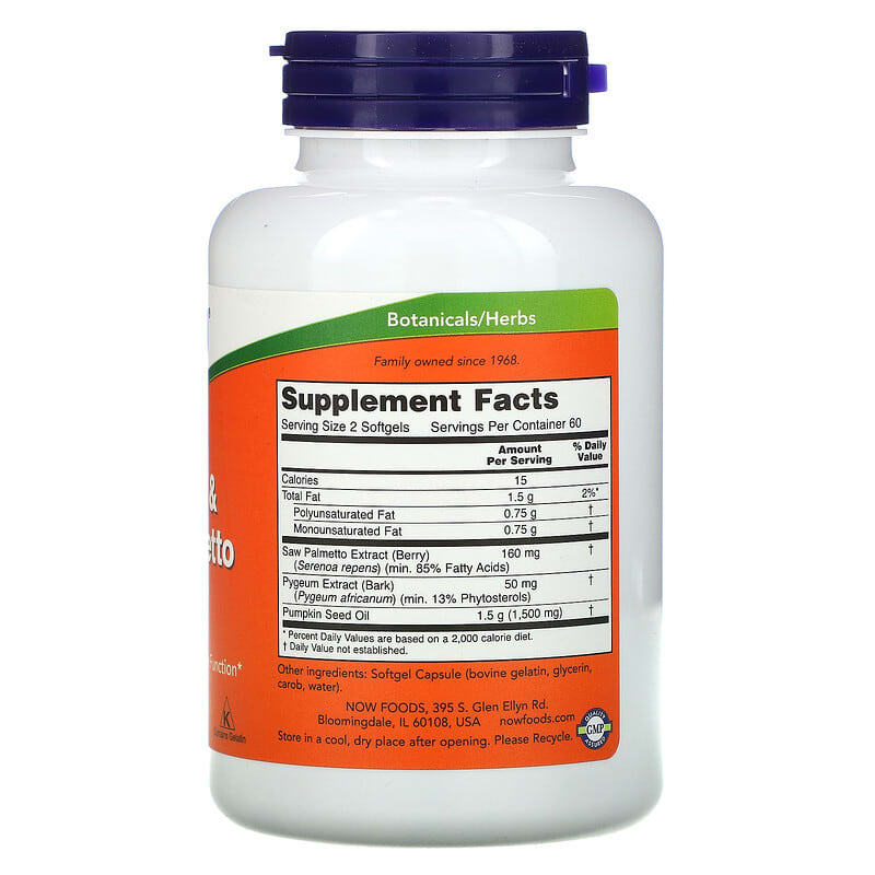 NOW Foods, Pygeum & Saw Palmetto, 120 Softgels 733739047298