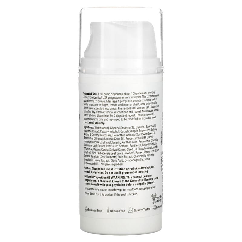 NOW Foods, Solutions, Progesterone from Wild Yam, Balancing Skin Cream, Unscented, 20 mg, 3 oz (85 g) 733739033383