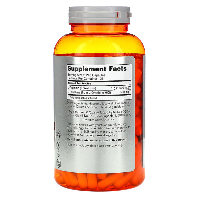 NOW Foods, Sports, Arginine & Ornithine, 500 mg /250 mg, 250 Veg Capsules 733739000422