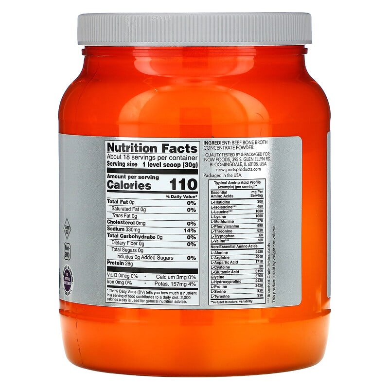 NOW Foods, Sports, Beef Bone Broth, Protein Powder , 1.2 lbs (544 g) 733739019608