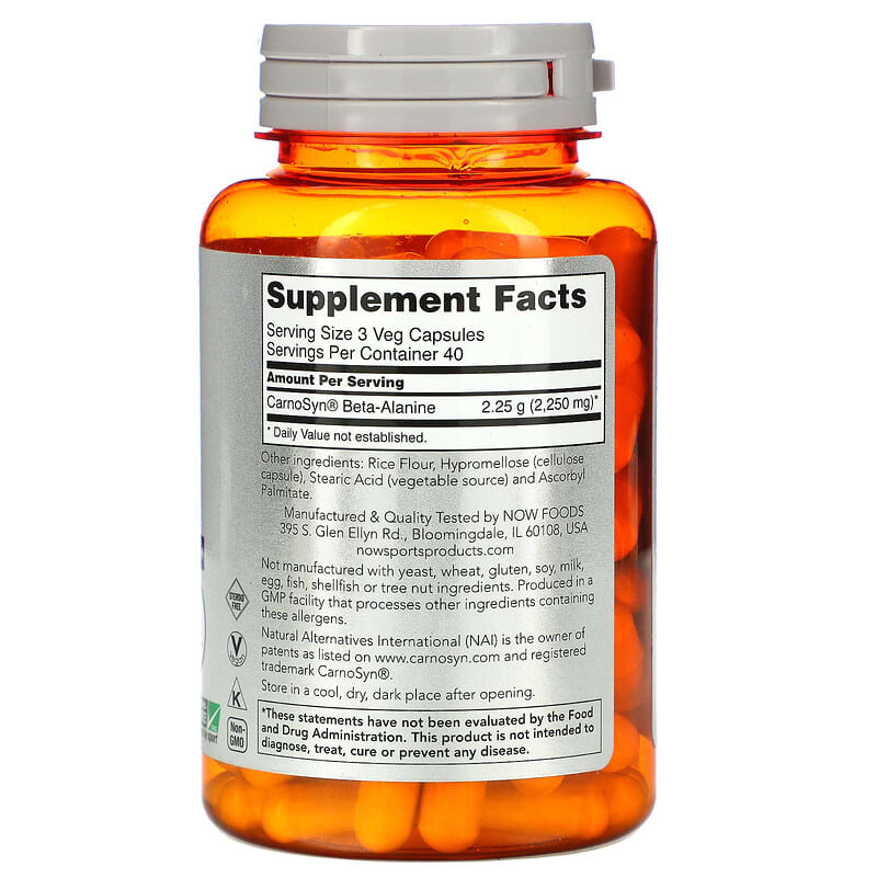 NOW Foods, Sports, Beta-Alanine, Endurance, 750 mg, 120 Veg Capsules 733739020086