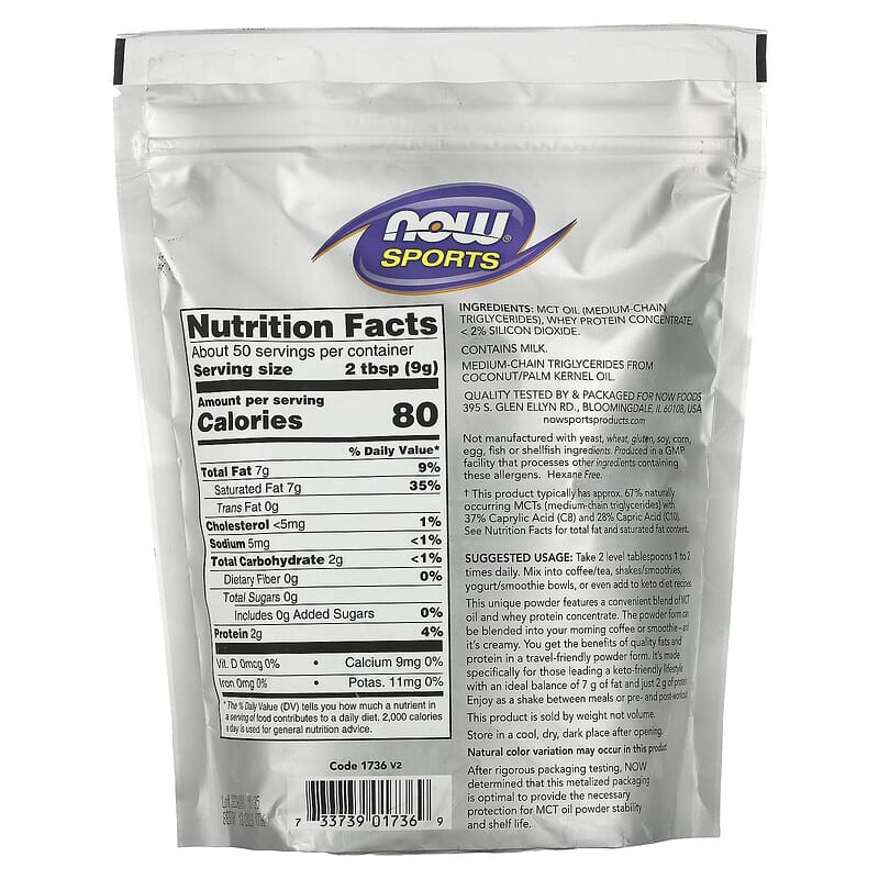 NOW Foods, Sports, MCT Powder with Whey Protein, Unflavored, 1 lb (454 g) 733739017369
